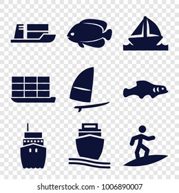 Ocean icons. set of 9 editable filled ocean icons such as fish, cargo ship, boat, windsurfing, surfing, extinct fish
