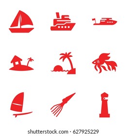 Ocean icons set. set of 9 ocean filled icons such as fish, lighthouse, boat, sailboat, home on island, windsurfing, island, extinct sea creature