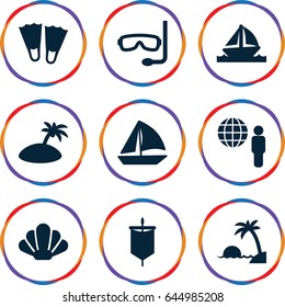 Ocean icons set. set of 9 ocean filled icons such as sailboat, boat, island, aqualung, shell, sail, globe and man