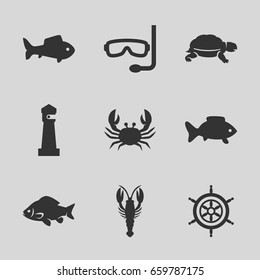 Ocean icons set. set of 9 ocean filled icons such as fish, crab, turtle, lighthouse, aqualung