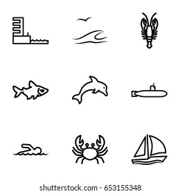Ocean icons set. set of 9 ocean outline icons such as crab, fish, harbor, swimmer, sailboat, sea and gull, dolphin