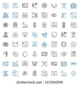 ocean icons set. Collection of ocean with anchor, beach, map, pedal boat, pirate, surfboard, fishbone, oar, flippers, wave, fishes, water drop. Editable and scalable ocean icons.