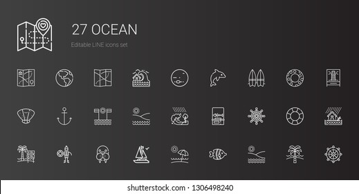ocean icons set. Collection of ocean with beach, fish, boat, walrus, lifeguard, rudder, fishbone, tsunami, anchor, seashell, surfboard, dolphin. Editable and scalable ocean icons.