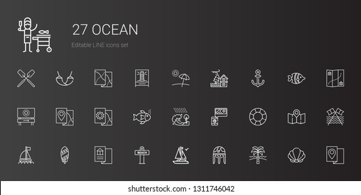 ocean icons set. Collection of ocean with beach, earth globe, boat, map, surfboard, float, tsunami, fishes, anchor, flood, seashell, fish, lighthouse. Editable and scalable ocean icons.