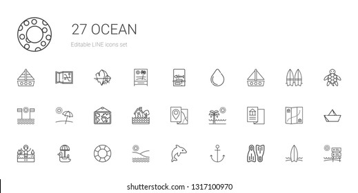 ocean icons set. Collection of ocean with flippers, anchor, dolphin, beach, float, pedal boat, lake, map, flood, boat, water drop, fishbone. Editable and scalable ocean icons.