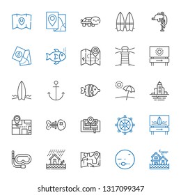 ocean icons set. Collection of ocean with flood, neptune, map, snorkel, surfboard, rudder, fishbone, beach, fish, anchor, lighthouse, fishes. Editable and scalable ocean icons.