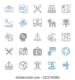 ocean icons set. Collection of ocean with lifeguard, surfboard, lighthouse, earth globe, boat, float, map, paddles, tsunami, beach, fish, pirate. Editable and scalable ocean icons.