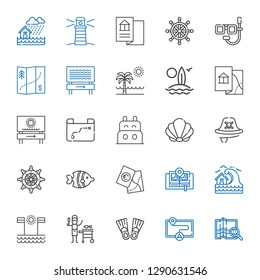 ocean icons set. Collection of ocean with map, flippers, fish, beach, tsunami, rudder, pirate, seashell, boat, surfboard, dive, lighthouse. Editable and scalable ocean icons.