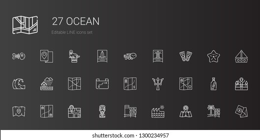 ocean icons set. Collection of ocean with map, wave, beach, captain, poseidon, flood, flippers, lighthouse, turtle, lake, message in a bottle. Editable and scalable ocean icons.