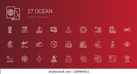 ocean icons set. Collection of ocean with map, boat, surfboard, rudder, beach, tsunami, earth globe, fish, pedal boat, float, lighthouse, message in a bottle. Editable and scalable ocean icons.