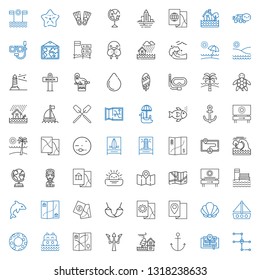 ocean icons set. Collection of ocean with map, anchor, flood, poseidon, sea, float, boat, seashell, hammock, dolphin, beach, sunset, captain. Editable and scalable ocean icons.