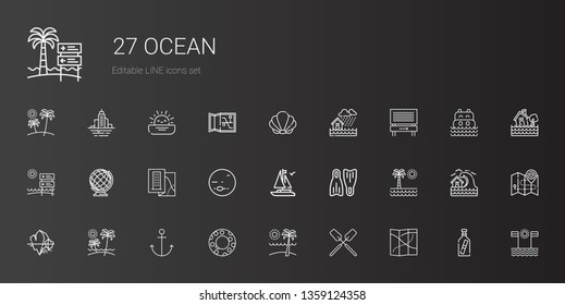 ocean icons set. Collection of ocean with map, oar, beach, float, anchor, iceberg, flippers, boat, neptune, earth globe, flood, seashell, message in a bottle. Editable and scalable ocean icons.