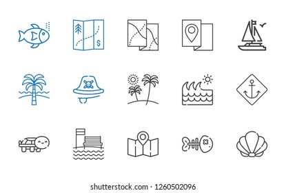 ocean icons set. Collection of ocean with seashell, fishbone, map, beach, turtle, anchor, wave, pirate, boat, fishes. Editable and scalable ocean icons.