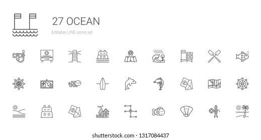 ocean icons set. Collection of ocean with seashell, fish, map, flood, boat, beach, dolphin, surfboard, turtle, rudder, tsunami, lifeguard, fishes. Editable and scalable ocean icons.