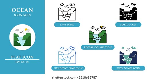 Ocean icons sets. Nature environment concept. Various style icons on isolated background for web design, symbol, sign, presentation, and infographics. EPS 10. 
