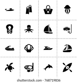 Ocean icons. vector collection filled ocean icons. includes symbols such as sail boat, scuba, water bike, boat, sailboat, yacht, shell. use for web, mobile and ui design.