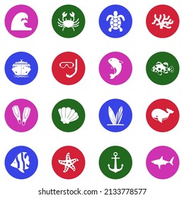 Ocean Icons. White Flat Collection In Circle. Vector Illustration.