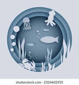 Ocean illustration with fish, jellyfish, octopus, seaweed and crab. Paper cut style. world ocean day