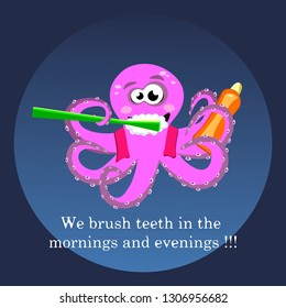 Ocean. Illustration of an octopus brushing teeth in the morning and evening. Poster. Dentist office. Hygiene - vector graphics