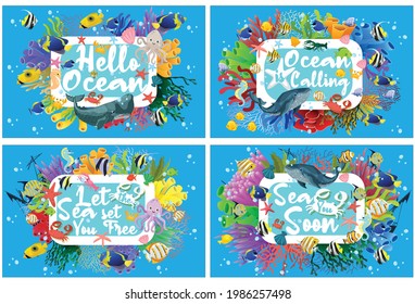 ocean image  vector set. hello ocean, ocean is calling, let the sea set you free, sea you soon. Coral reef, underwater sea life vector illustration. Cartoon flat ocean aquarium or sea waters 