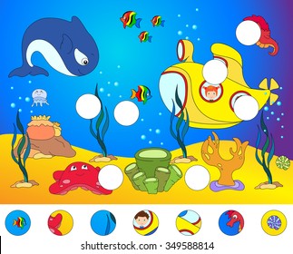 Ocean inhabitants boy and girl in a submarine. Octopus, jellyfish, starfish, sea-horse, reefs, crab, shrimp, rays, fish angler and corals in the ocean. Vector illustration about underwater world