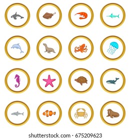 Ocean inhabitants icons circle gold in cartoon style isolate on white background vector illustration