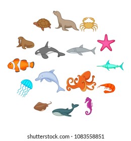 Ocean inhabitants icons set. Cartoon illustration of 16 ocean inhabitants vector icons for web