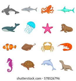 Ocean inhabitants icons set. Cartoon illustration of 16 ocean inhabitants vector icons for web