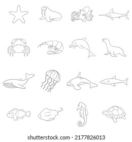 Ocean inhabitants set icons in outline style isolated on white background