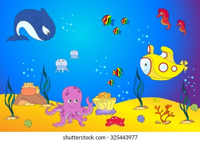 Ocean inhabitants and submarine. Octopus, jellyfish, starfish, sea-horse, reefs and corals in the ocean. Vector illustration. Underwater background
