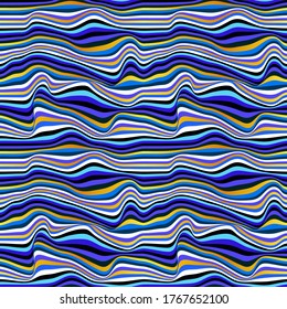 Ocean inspired abstract pattern with golden and blue lines waves. Vector seamless pattern design for textile, fashion, paper and wrapping.