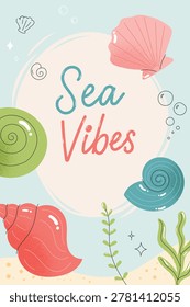 Ocean inspired greeting layout with marine shells and calm coastal composition