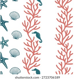 Patrón de azulejos sin fisuras de verano inspirado en el océano con arrecifes de coral y criaturas marinas para el concepto de decoración costera como arrecifes de coral y criaturas marinas dispuestas en un patrón sin fisuras perfecto para agregar un ambiente de verano inspirado en el océano a los interiores costeros en Foto de archivo Concepto y espacio vacío en el lado izquierdo, sin texto --ar 7:2 --tile