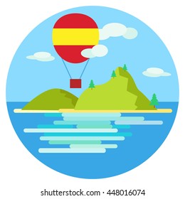 ocean island landscape with transportation objects set,  vector illustration in flat design style , for extreme sports, traveling and tourism 
