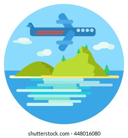 ocean island landscape with transportation objects set,  vector illustration in flat design style , for traveling and tourism 
