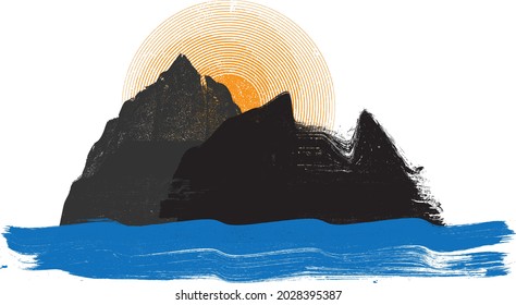Ocean, island ,mountains, sun and Blue Abstract Waves . Grunge Logo Element. Surfing Icon . Brush Stroke . Vector Illustration. 