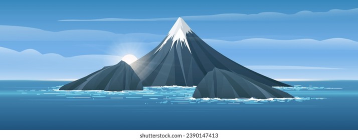 Ocean island sunrise. North sea water rocky volcanic mountains archipelago horizontal landscape vector illustration
