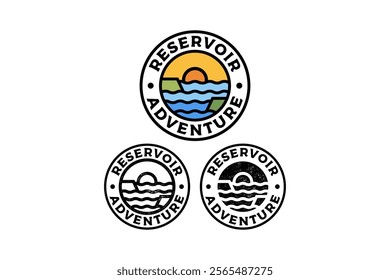 ocean with island and sunset circle badge vector illustration template graphic design collection with colorful, filled and line art style for adventure and outdoors merchandise and other uses.