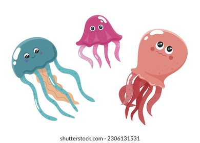 Ocean jellyfish colorful set. Aquatic creature icon isolated on white background. Sea animal in cartoon style. Funny tropic underwater wild life, exotic marine animal collection. Vector illustration