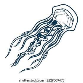 Ocean jellyfish detailed monochrome element floating animal with long developing tentacles for decoration on theme of marine fauna vector illustration