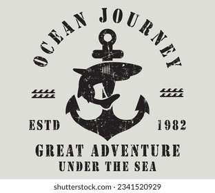 Ocean Journey Nautical Shark vintage logo set. Nautical emblems for t-shirt, banner, poster design. Anchor. Trendy Hipster design. Marine labels templates. Vector illustration	