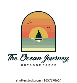 Ocean Journey Outdoor Badge Logo Design Vector. Ocean, Sunset, And Beach Vector Illustration