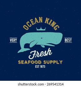 Ocean King Seafood Supplier Retro Vector Label or Logo Template with Textured Background. Also Good for T-shirt Print, etc.
