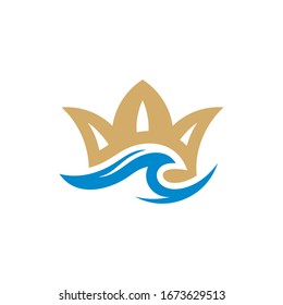 Ocean king, wave and crown, simple flat logo concept in gold and blue color