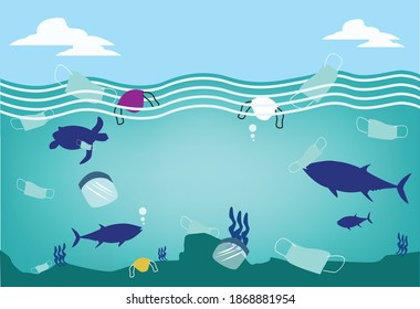 Ocean or lagoon is polluted by Face masks . Editable Clip Art.