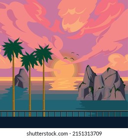 tarjeta de paisaje oceánico al atardecer