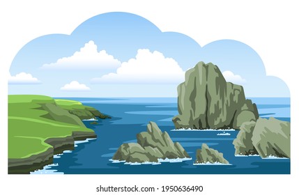 Ocean landscape and cliffs  rocks  coast  sea foam   big cloud in the sky  Summer hand  drawn illustration 