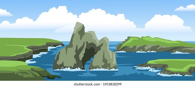 Paisaje oceánico con acantilados, rocas, costa, espuma marina y grandes nubes en el cielo. Ilustración hecha a mano en verano.