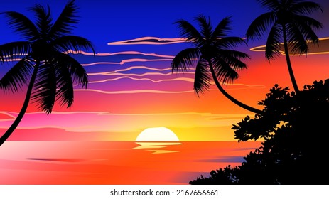 Ocean landscape with coconut trees in silhouette against sunset nature background