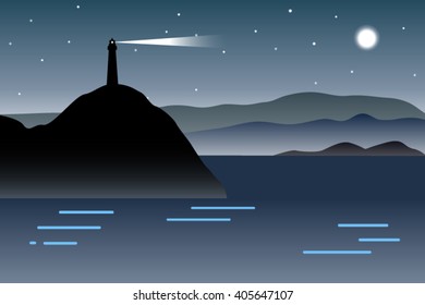 ocean landscape at night with lighthouse vector